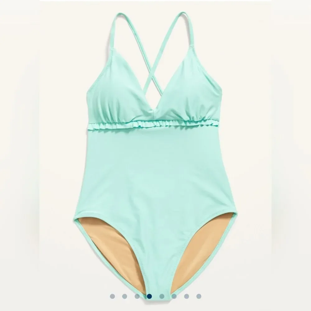 V-Neck Ruffle-Trim Cutout One-Piece Swimsuit Icelandic Fjord Old Navy (M + 2X)